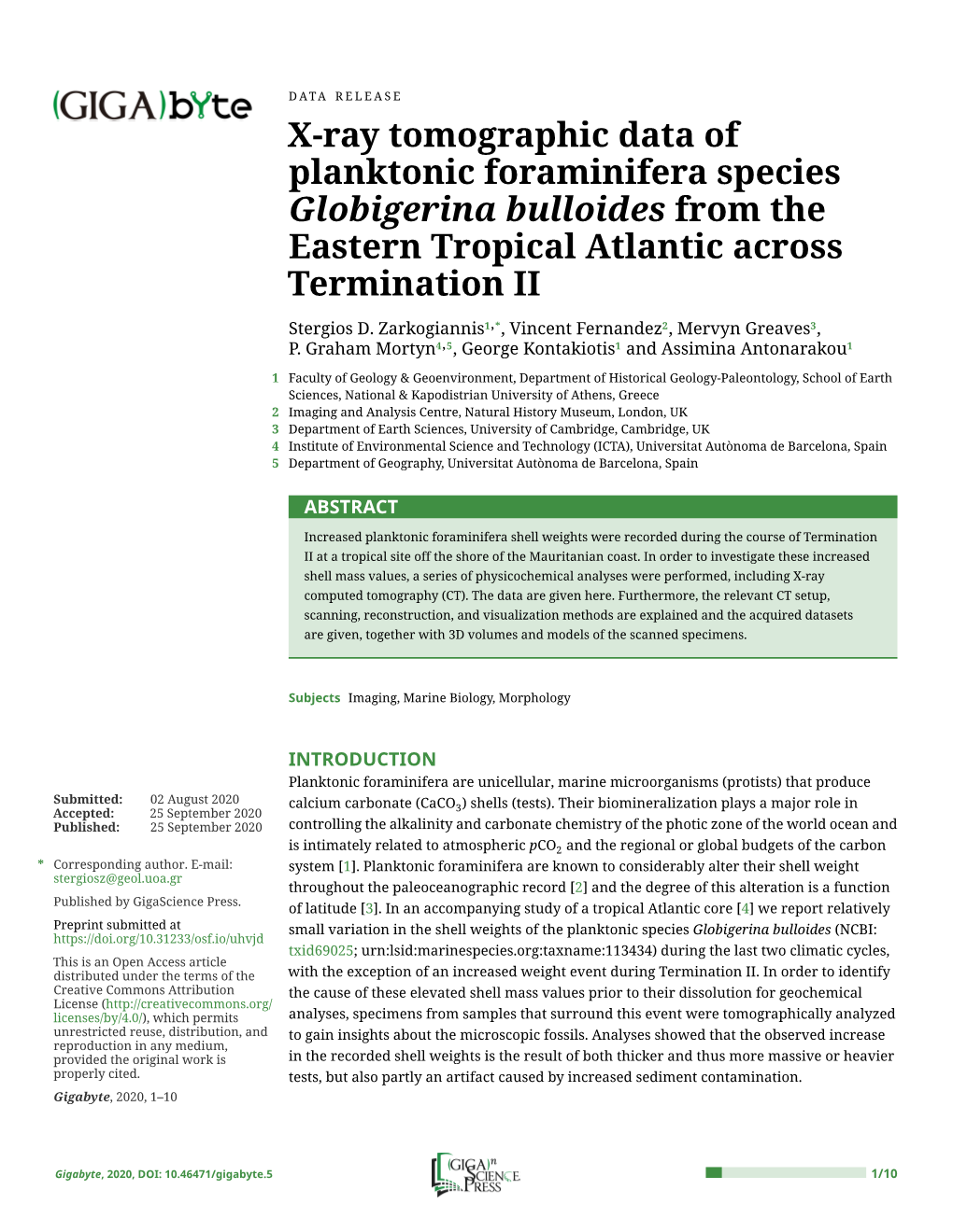 X-Ray Tomographic Data of Planktonic Foraminifera Species Globigerina Bulloides from the Eastern Tropical Atlantic Across Termination II Stergios D