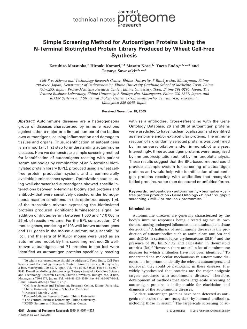 Simple Screening Method for Autoantigen Proteins Using the N-Terminal Biotinylated Protein Library Produced by Wheat Cell-Free Synthesis