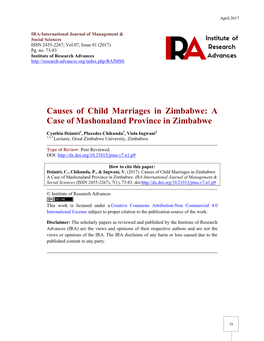 Causes of Child Marriages in Zimbabwe: a Case of Mashonaland Province in Zimbabwe