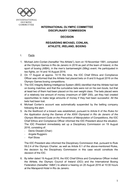 International Olympic Committee Disciplinary Commission Decision Regarding Michael Conlan, Athlete, Ireland, Boxing