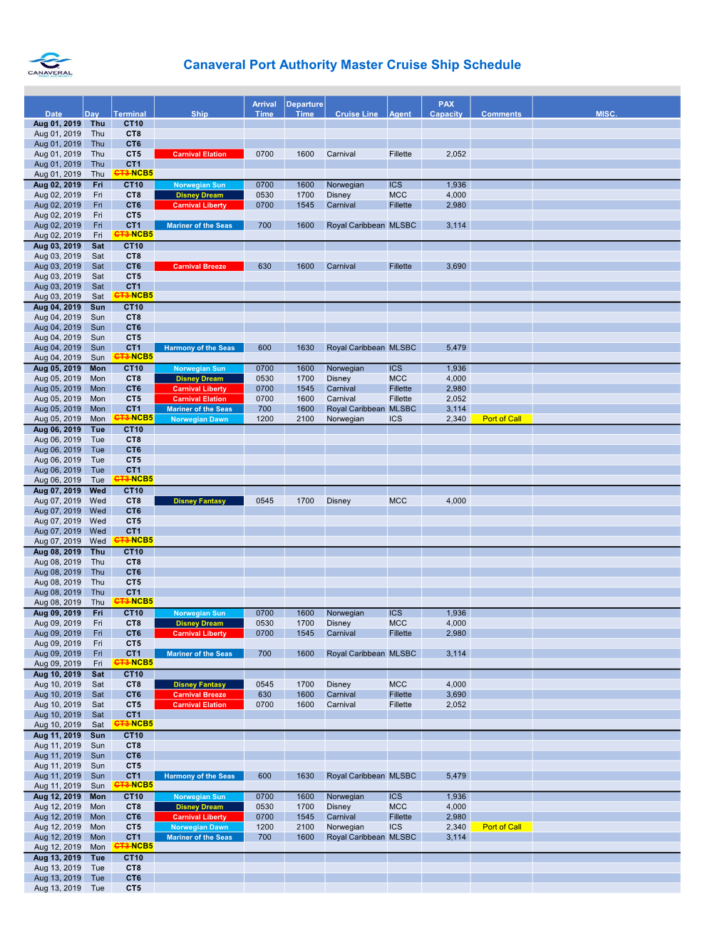 Canaveral Port Authority Master Cruise Ship Schedule DocsLib