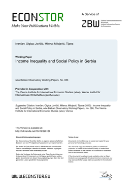 Wiiw Balkan Observatory Working Paper 86: Income Inequality and Social Policy in Serbia