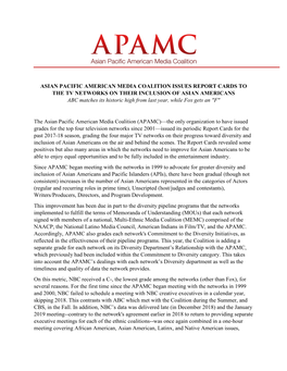 ASIAN PACIFIC AMERICAN MEDIA COALITION ISSUES REPORT CARDS to the TV NETWORKS on THEIR INCLUSION of ASIAN AMERICANS ABC Matches