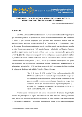 FESTIVAIS DA CANÇÃO: MÚSICA, MEDIA E CENSURA DURANTE OS REGIMES AUTORITÁRIOS EM BRASIL E PORTUGAL. José Fernando Saroba Monteiro1