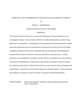 Immunity and Transmission of Histomonas Meleagridis in Turkeys