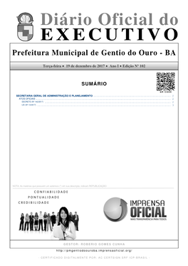 Diário Oficial Do EXECUTIVO Prefeitura Municipal De Gentio Do Ouro - BA