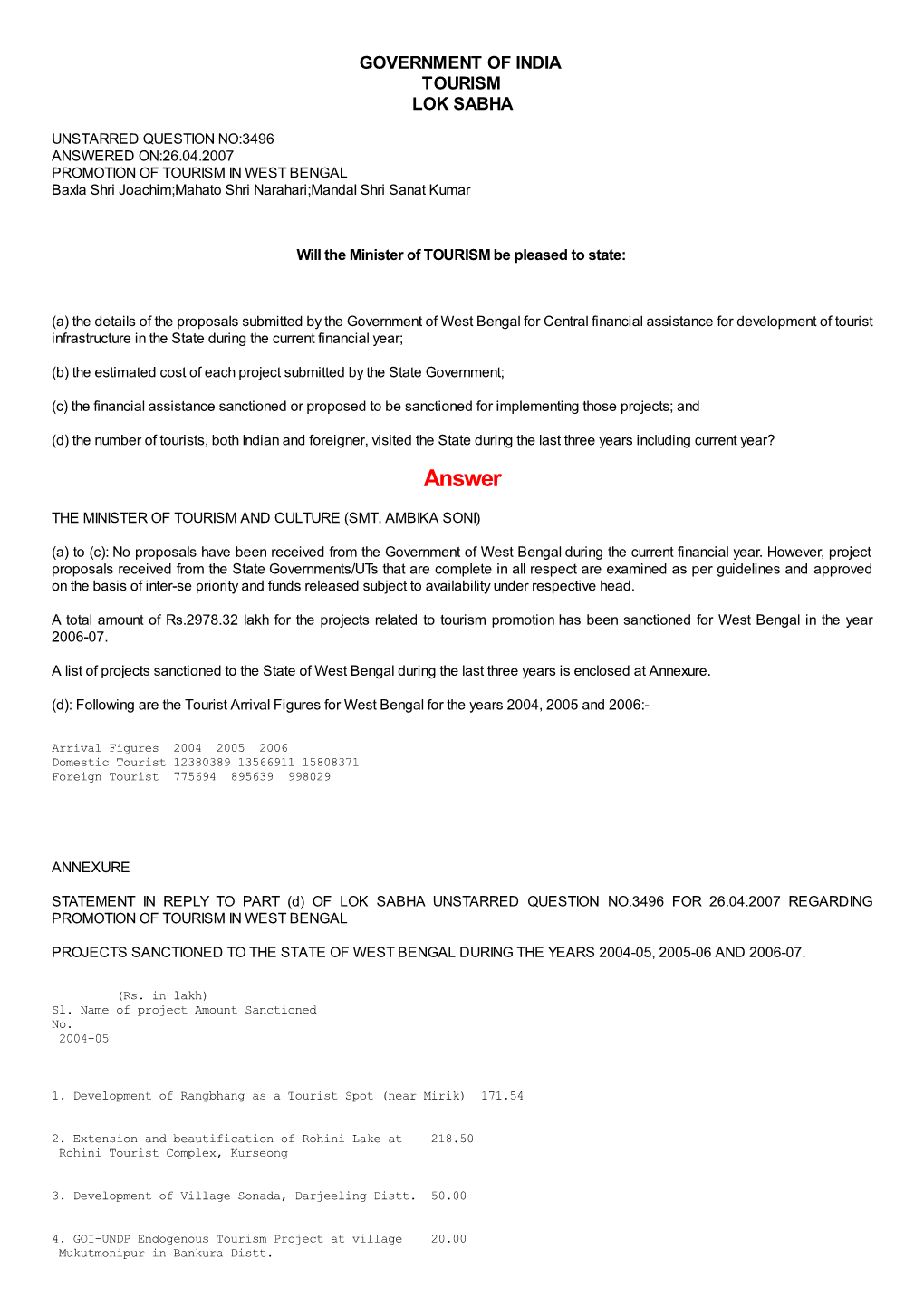 ANSWERED ON:26.04.2007 PROMOTION of TOURISM in WEST BENGAL Baxla Shri Joachim;Mahato Shri Narahari;Mandal Shri Sanat Kumar