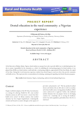 Dental Education in the Rural Community: a Nigerian Experience
