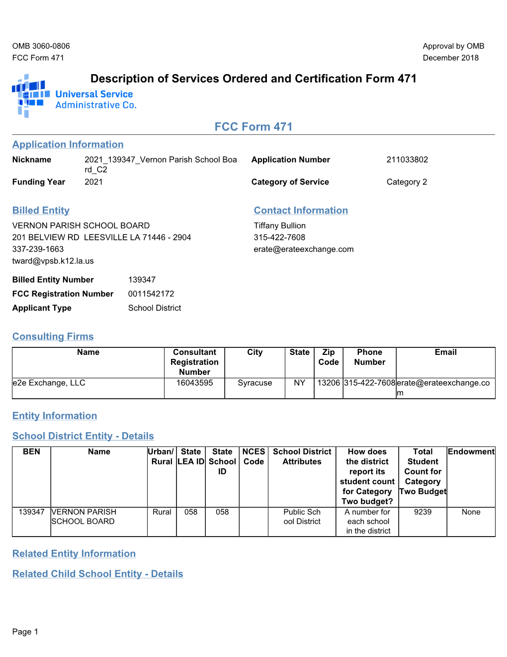 Description of Services Ordered and Certification Form 471 FCC Form