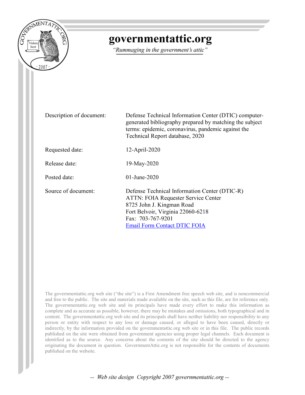 DTIC) Computer- Generated Bibliography Prepared by Matching the Subject Terms: Epidemic, Coronavirus, Pandemic Against the Technical Report Database, 2020