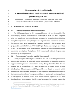 Supplementary Text and Tables for a Frameshift Mutation Is Repaired