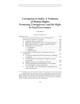 Corruption in India: a Violation of Human Rights Promoting Transparency and the Right to Good Governance