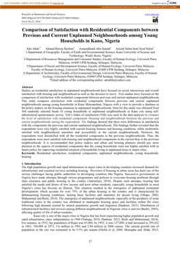 Comparison of Satisfaction with Residential Components Between Previous and Current Unplanned Neighbourhoods Among Young Households in Kano, Nigeria