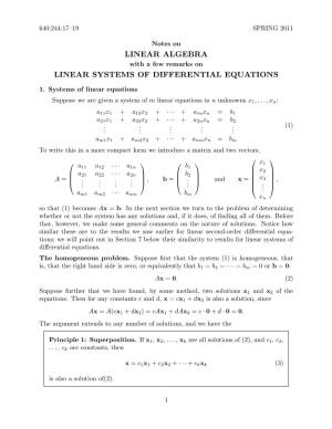 Notes on LINEAR ALGEBRA with a Few Remarks on LINEAR SYSTEMS of DIFFERENTIAL EQUATIONS