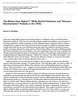 White Detroit Policemen and "Reverse Discrimination" Protests in the 1970S