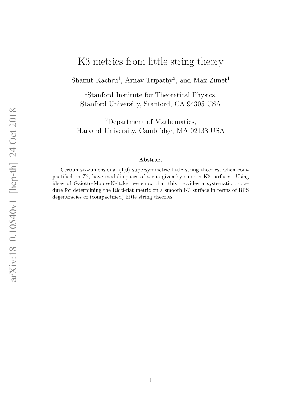 K3 Metrics from Little String Theory Arxiv:1810.10540V1 [Hep-Th]