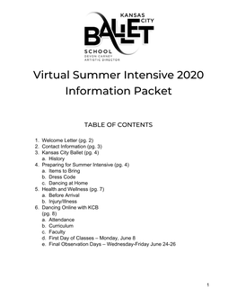 Virtual​ ​Summer Intensive 2020 Information
