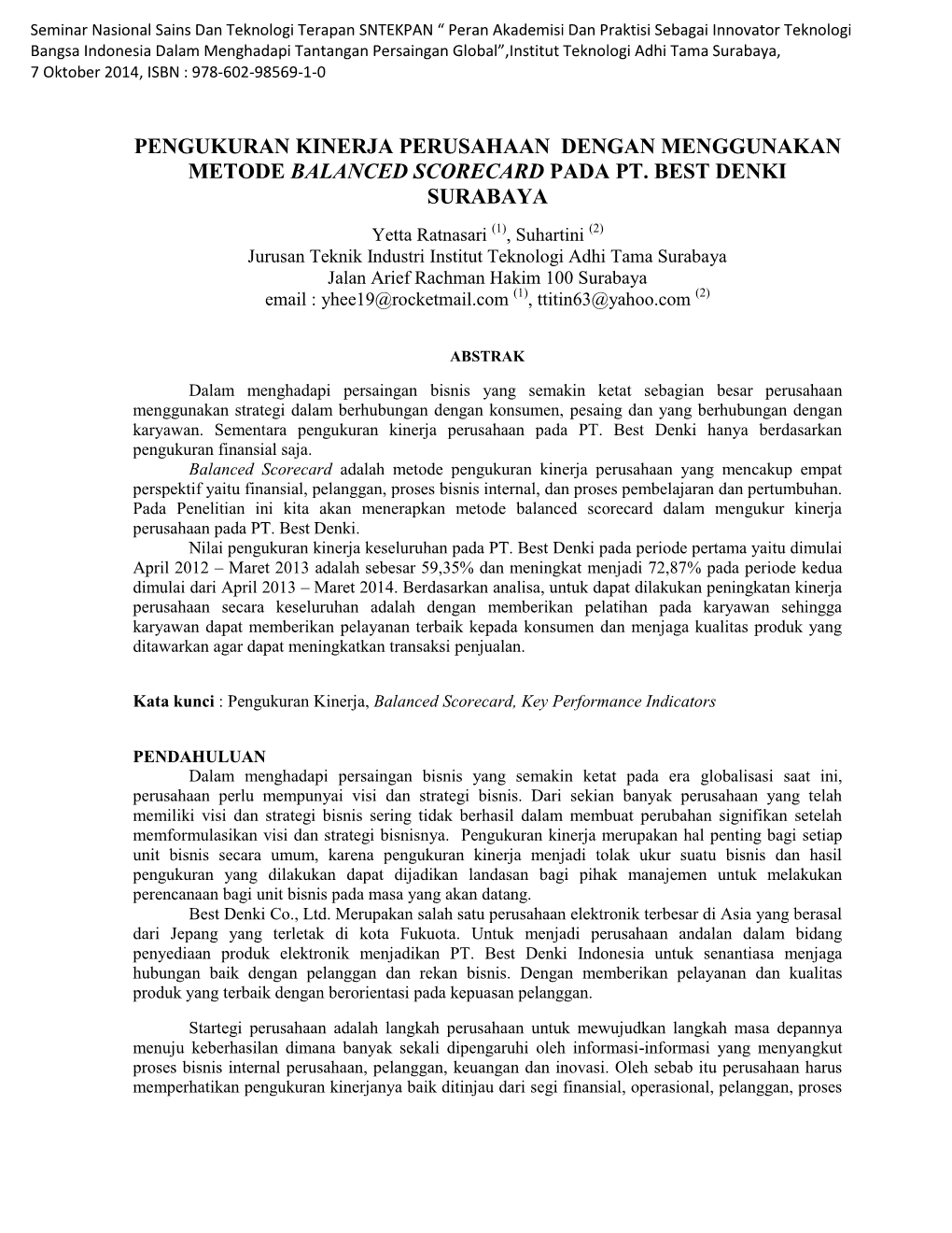 Pengukuran Kinerja Perusahaan Dengan Menggunakan Metode Balanced Scorecard Pada Pt