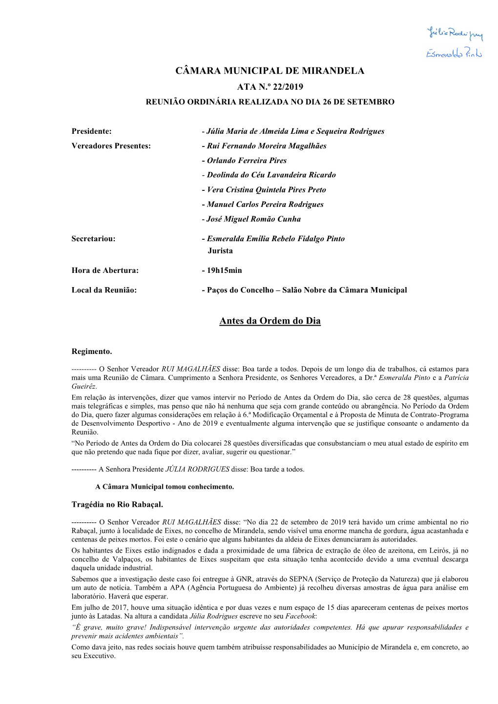 Câmara Municipal De Mirandela Ata N.º 22/2019 Reunião Ordinária Realizada No Dia 26 De Setembro