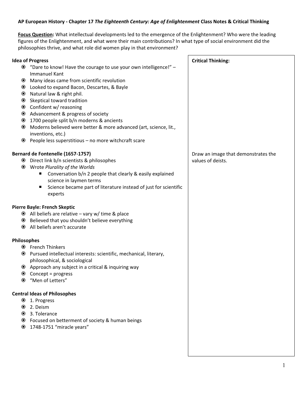 AP European History - Chapter 17 the Eighteenth Century: Age of Enlightenment Class Notes & Critical Thinking