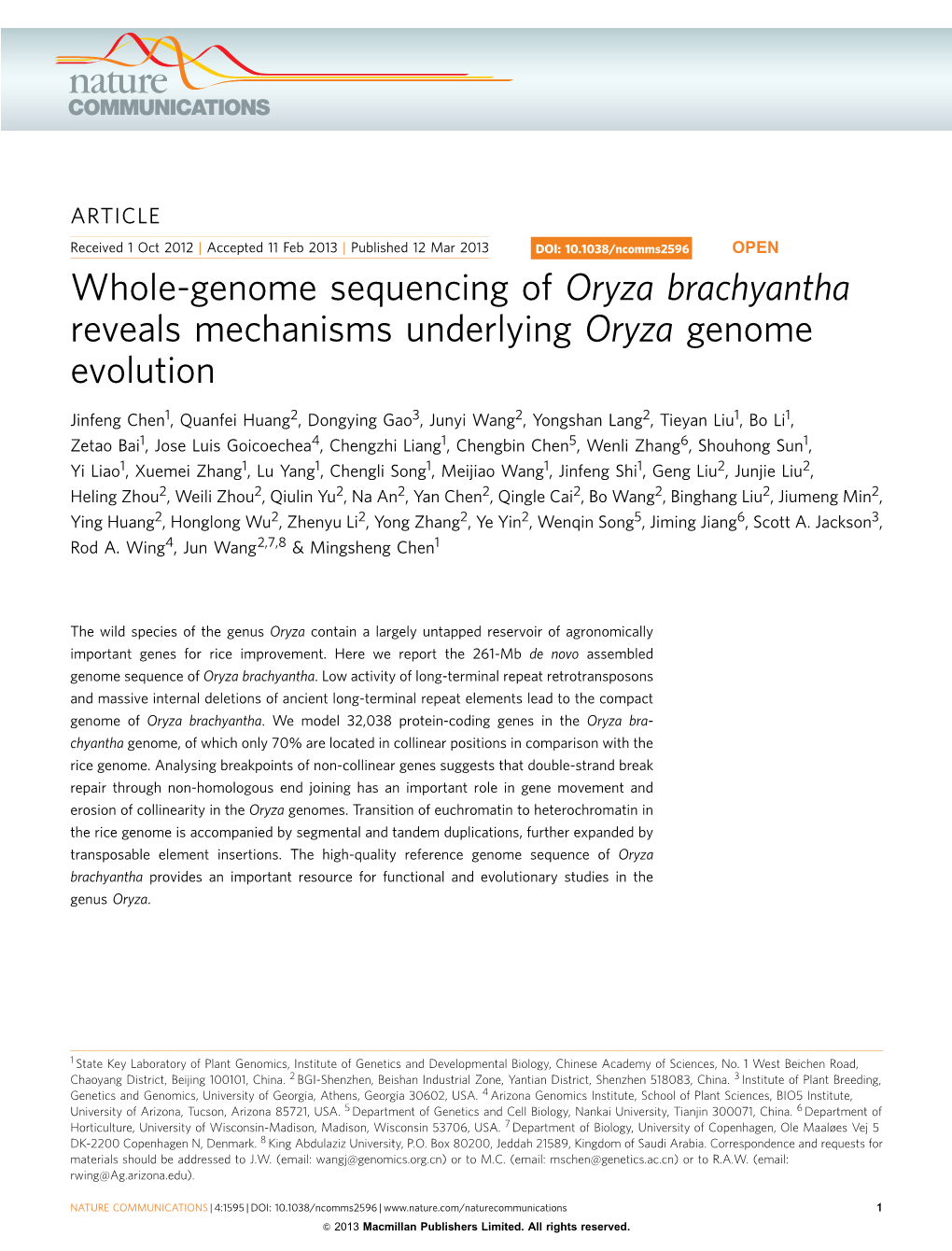 Whole-Genome Sequencing of Oryza Brachyantha Reveals Mechanisms Underlying Oryza Genome Evolution