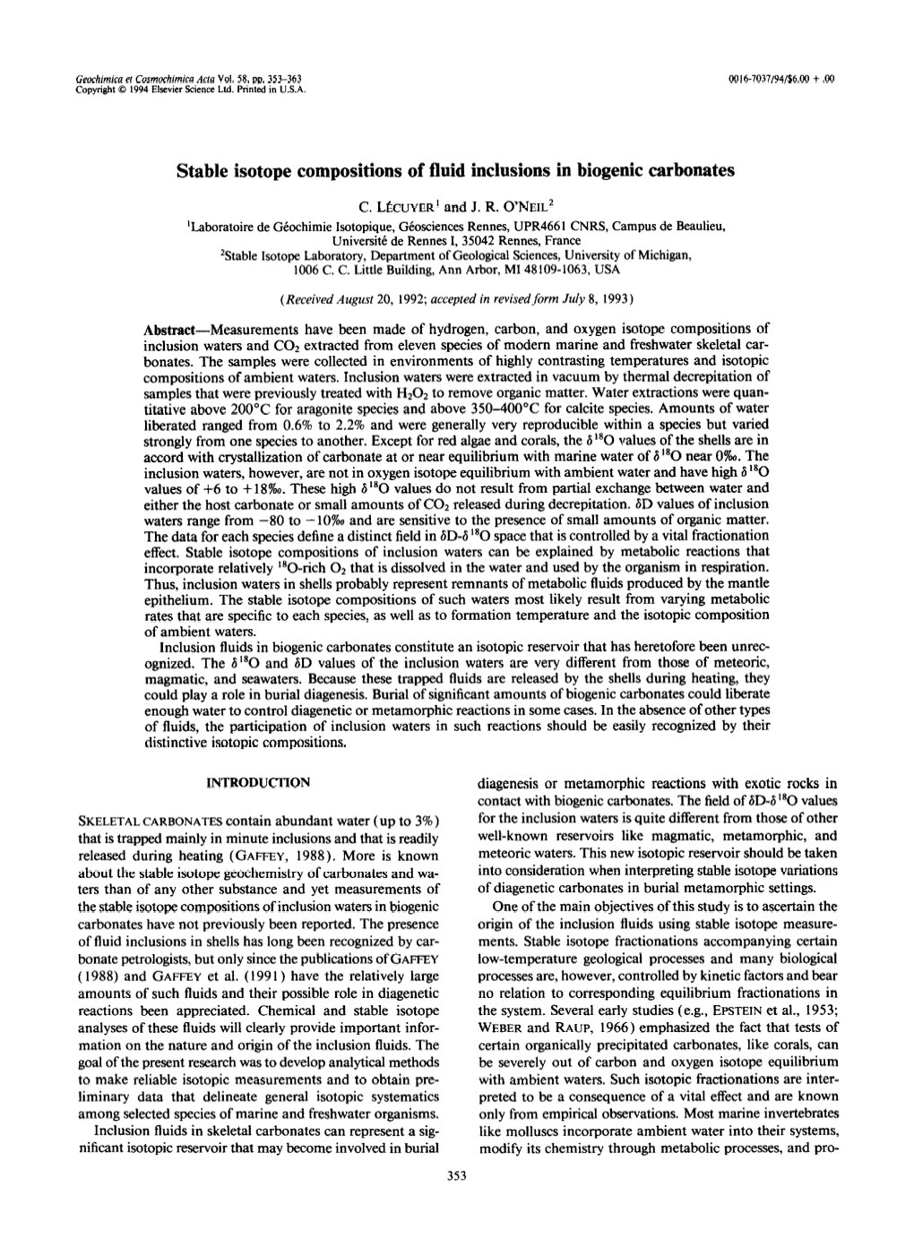 Stable Isotope Compositions of Fluid Inclusions in Biogenic Carbonates