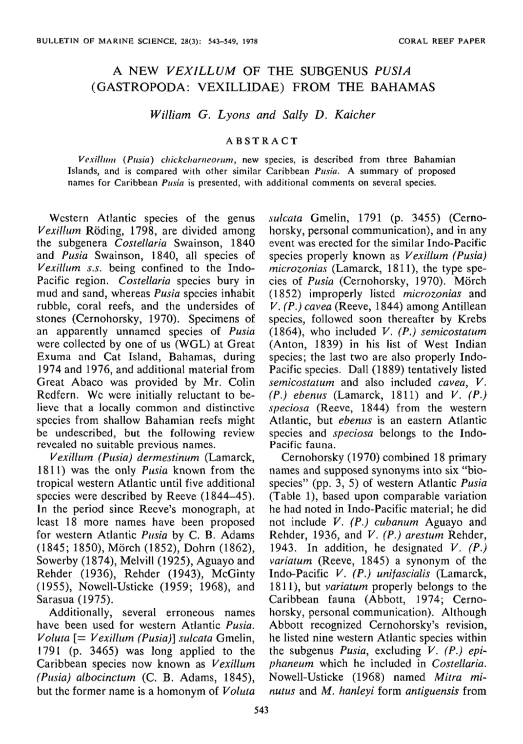 A New Vexillum of the Subgenus Pusia (Gastropoda: Vexillidae) from the Bahamas