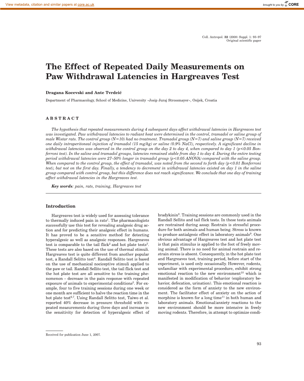 The Effect of Repeated Daily Measurements on Paw Withdrawal Latencies in Hargreaves Test