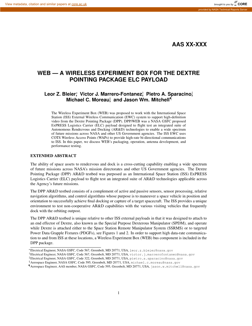 A Wireless Experiment Box for the Dextre Pointing Package Elc Payload