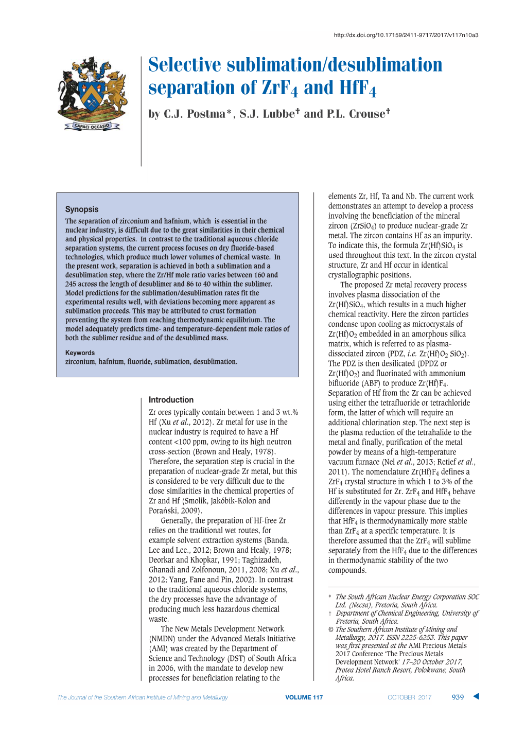 Selective Sublimation/Desublimation Separation of Zrf4 and Hff4 by C.J