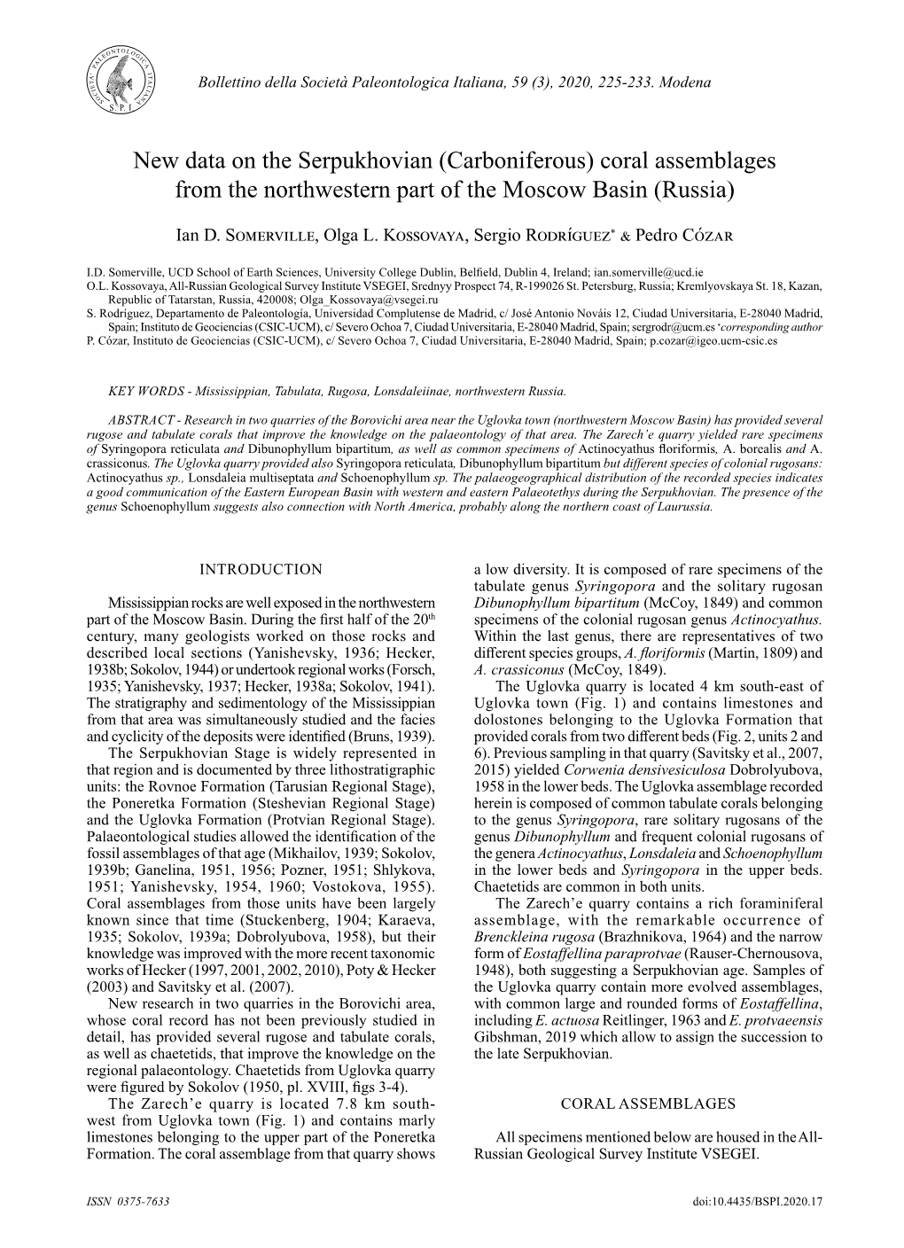 New Data on the Serpukhovian (Carboniferous) Coral Assemblages from the Northwestern Part of the Moscow Basin (Russia)