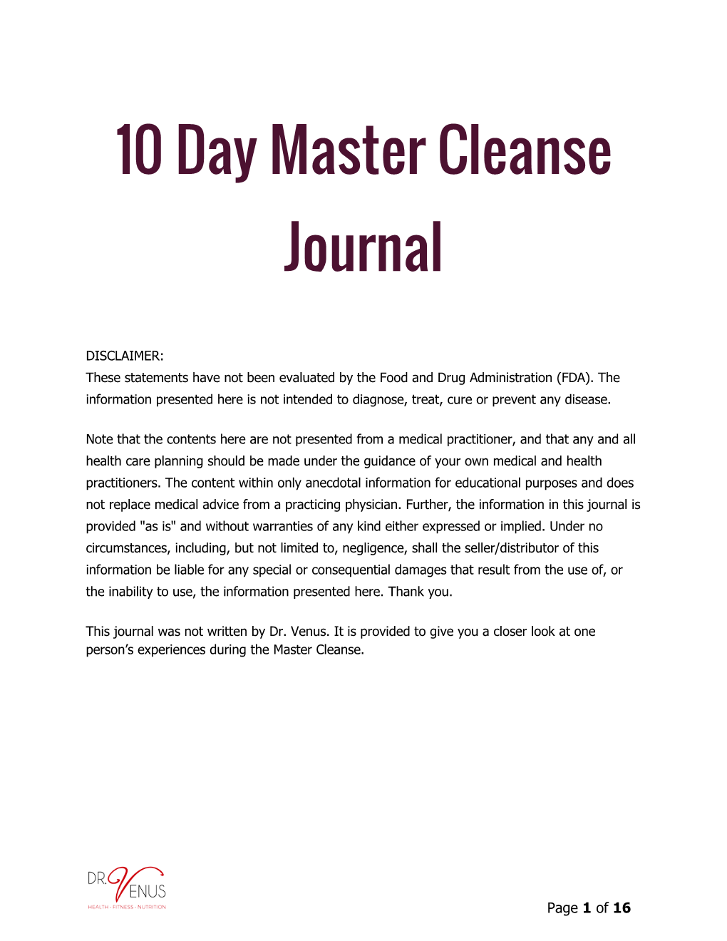 10 Day Master Cleanse Journal