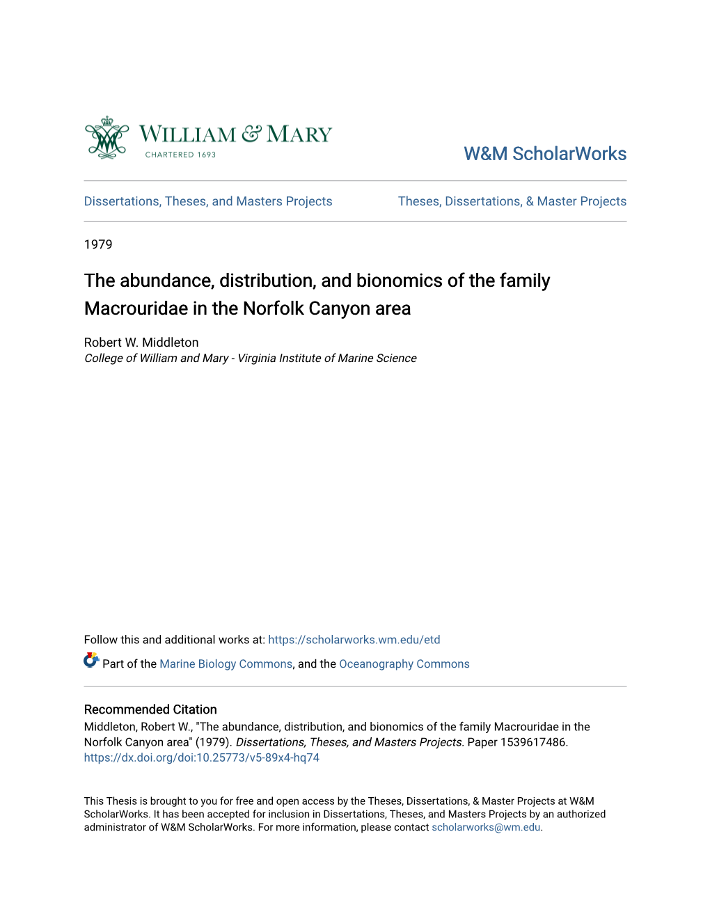 The Abundance, Distribution, and Bionomics of the Family Macrouridae in the Norfolk Canyon Area