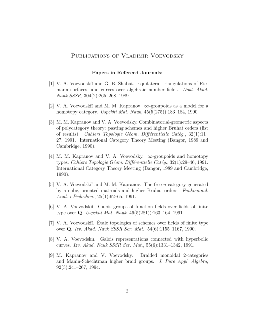 Publications of Vladimir Voevodsky