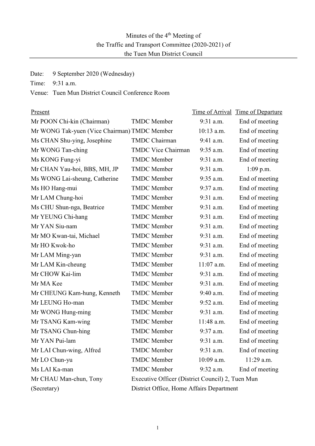 Minutes of the 4Th Meeting of the Traffic and Transport Committee (2020-2021) of the Tuen Mun District Council