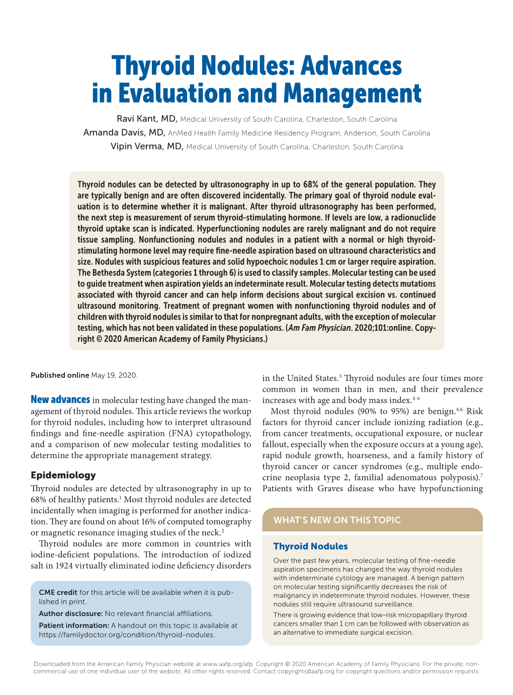 Thyroid Nodules: Advances in Evaluation and Management