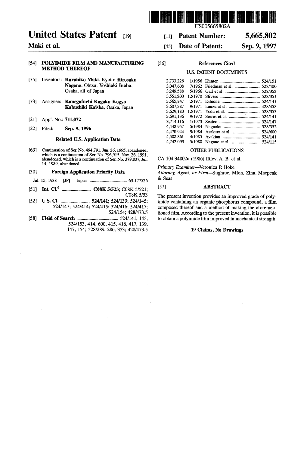 United States Patent 19 11 Patent Number: 5,665,802 Maki Et Al