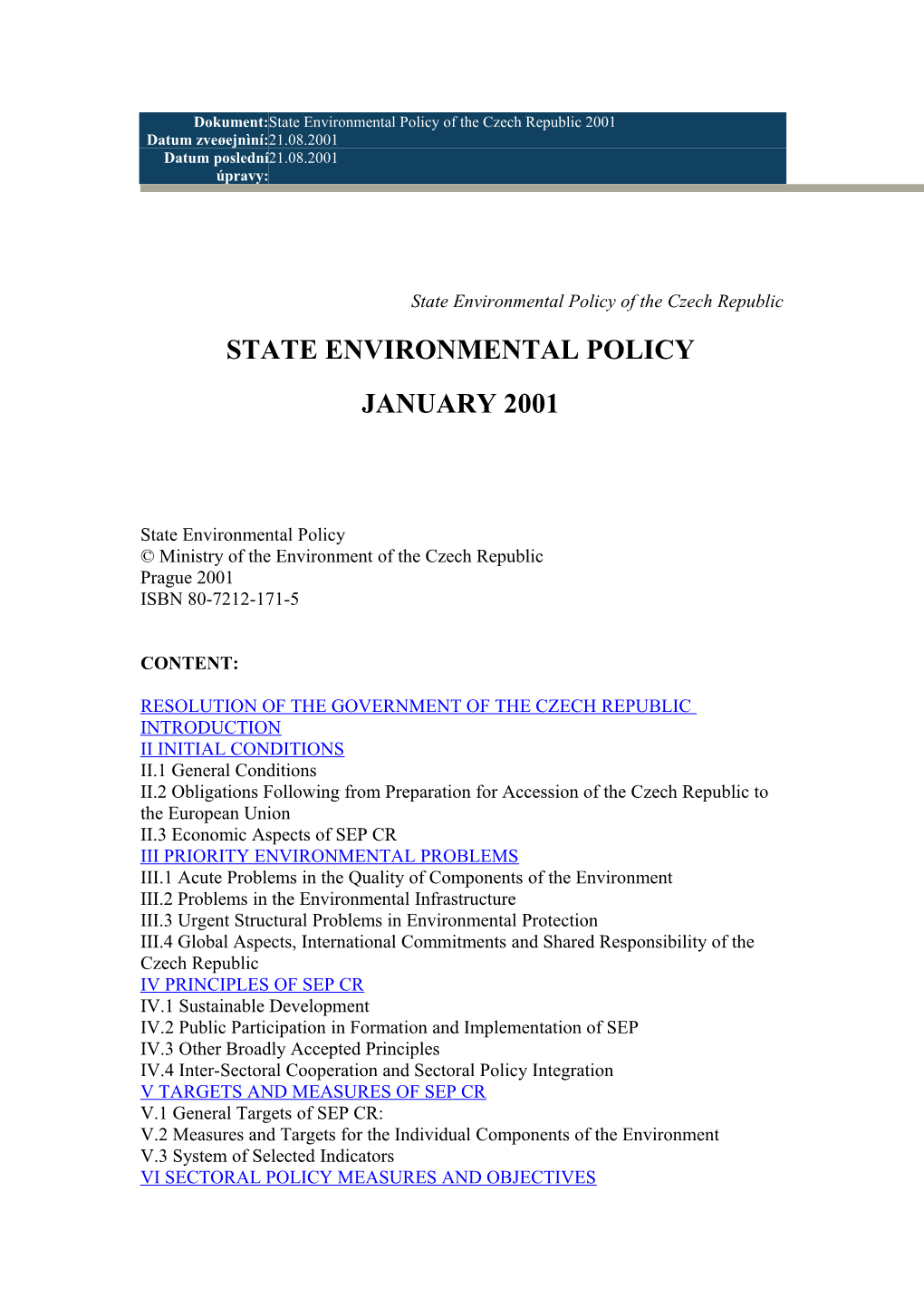 State Environmental Policy of the Czech Republic 2001