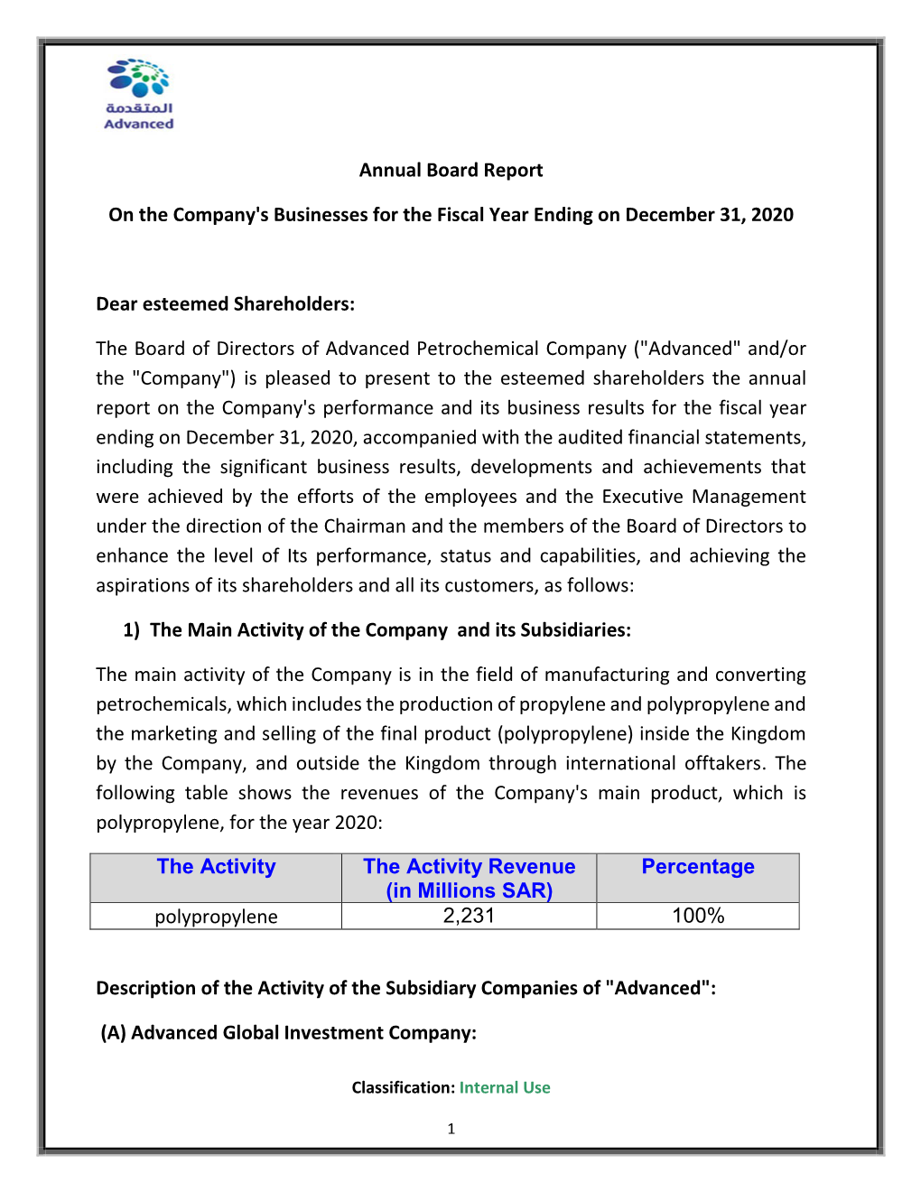 Annual Board Report on the Company's Businesses For