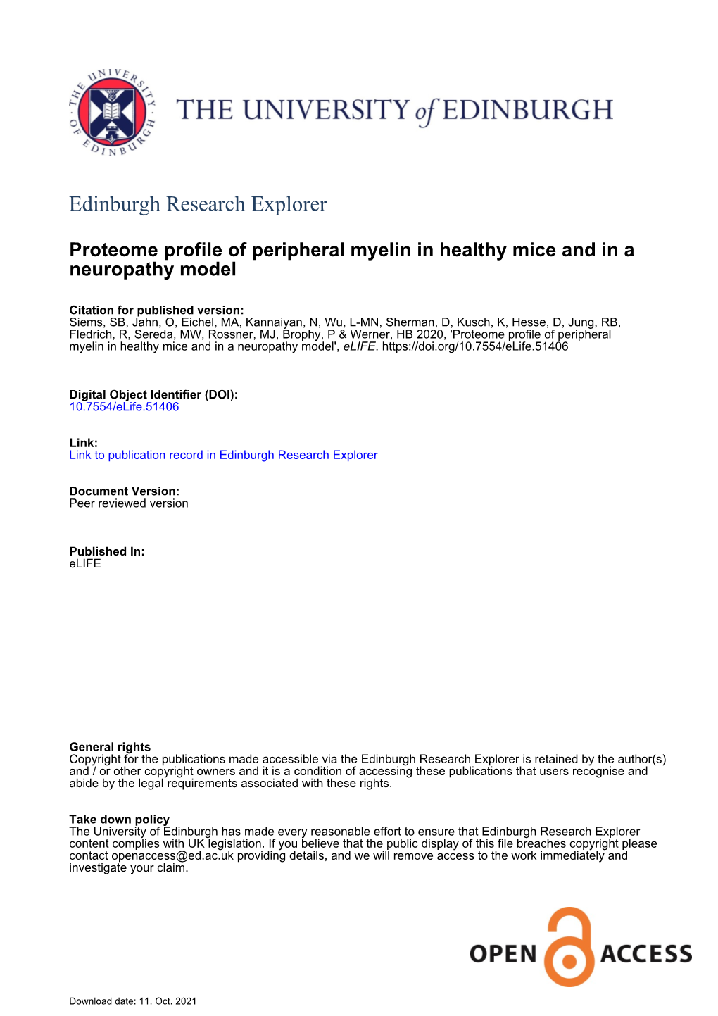 Proteome Profile of Peripheral Myelin in Healthy Mice and in a Neuropathy Model