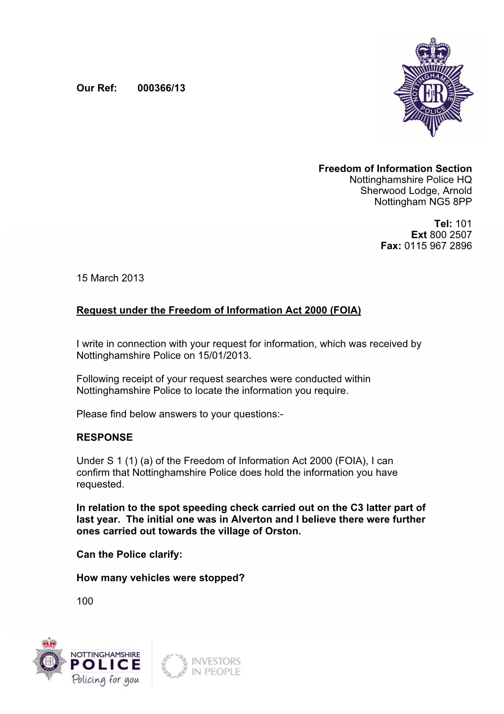 FOI 000366 13 Spot Speeding Checks in Alverton and Orston 2012