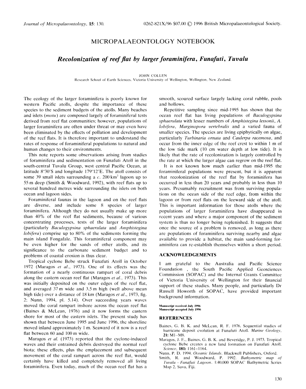 Recolonization of Reef Flat by Larger Foraminifera, Funafuti, Tuvalu