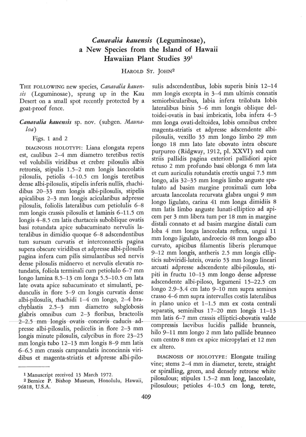 Canavalia Kauensis (Leguminosae), a New Species from the Island of Hawaii Hawaiian Plant Studies 391