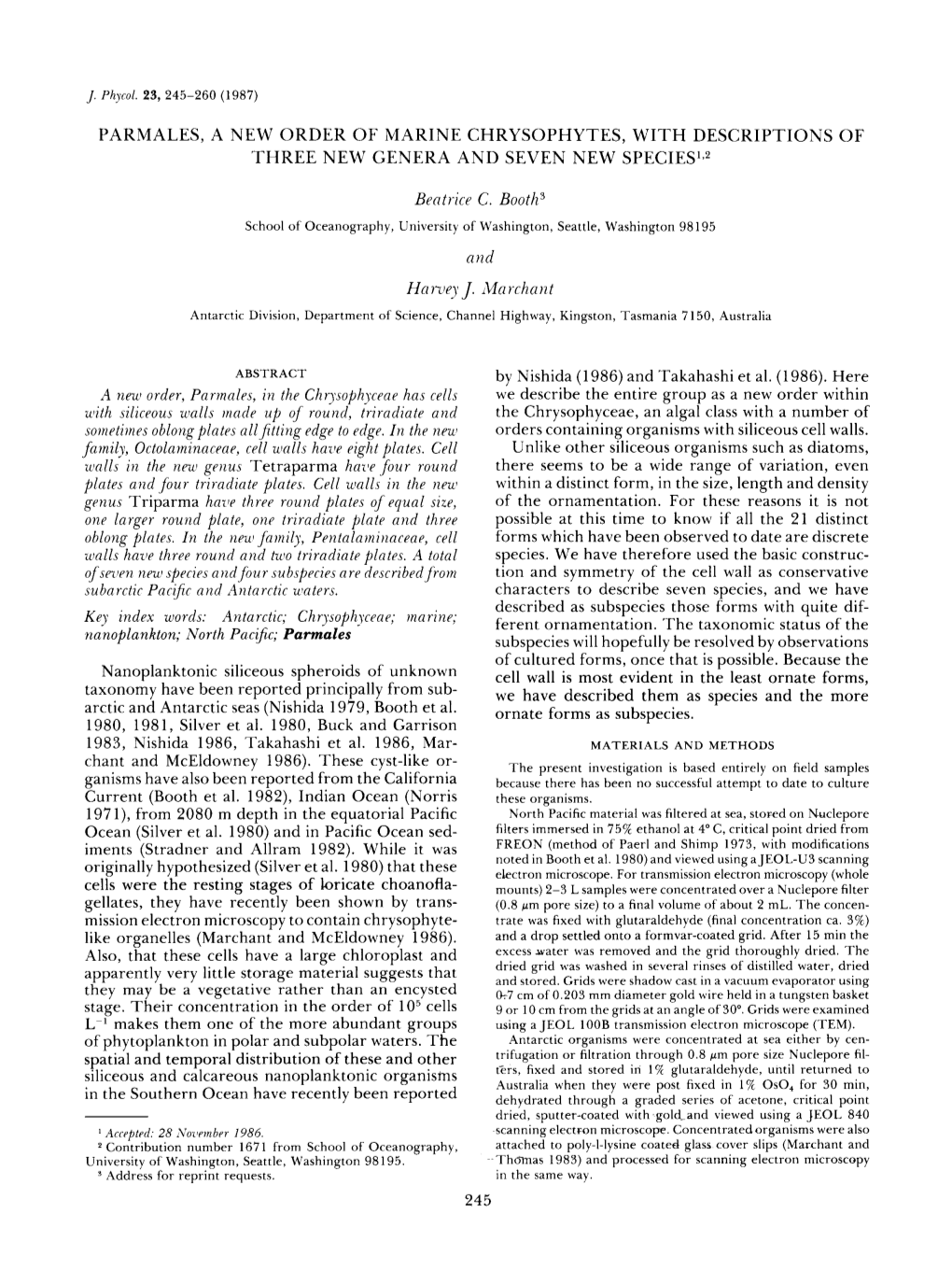 Parmales, a New Order of Marine Chrysophytes, with Descriptions of Three New Genera and Seven New Species',2