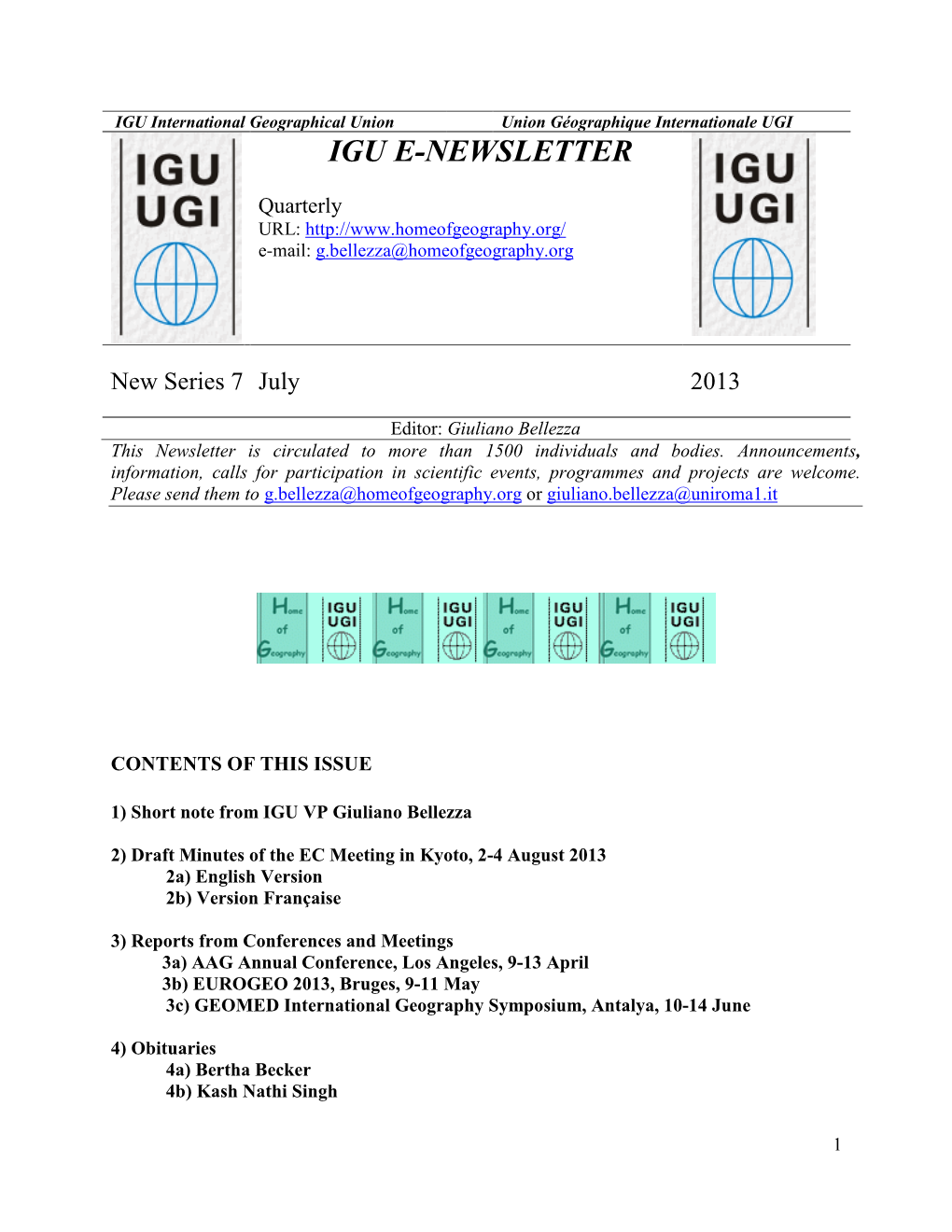 IGU International Geographical Union Union Géographique Internationale UGI IGU E-NEWSLETTER