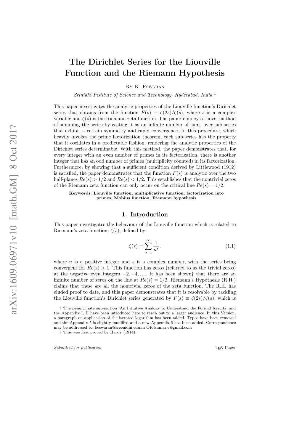 The Dirichlet Series for the Liouville Function and the Riemann Hypothesis