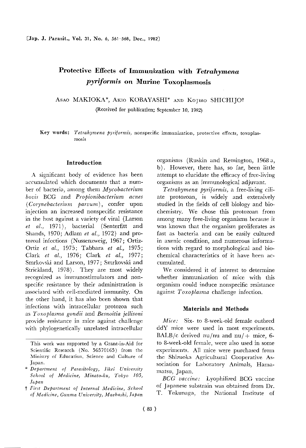 Protective Effects of Immunization with Tetrahymena Pyriformis on Murine Toxoplasmosis