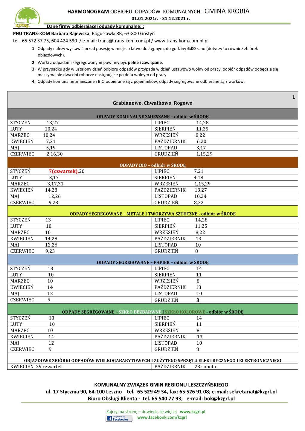 HARMONOGRAM ODBIORU ODPADÓW KOMUNALNYCH - GMINA KROBIA 01.01.2021R