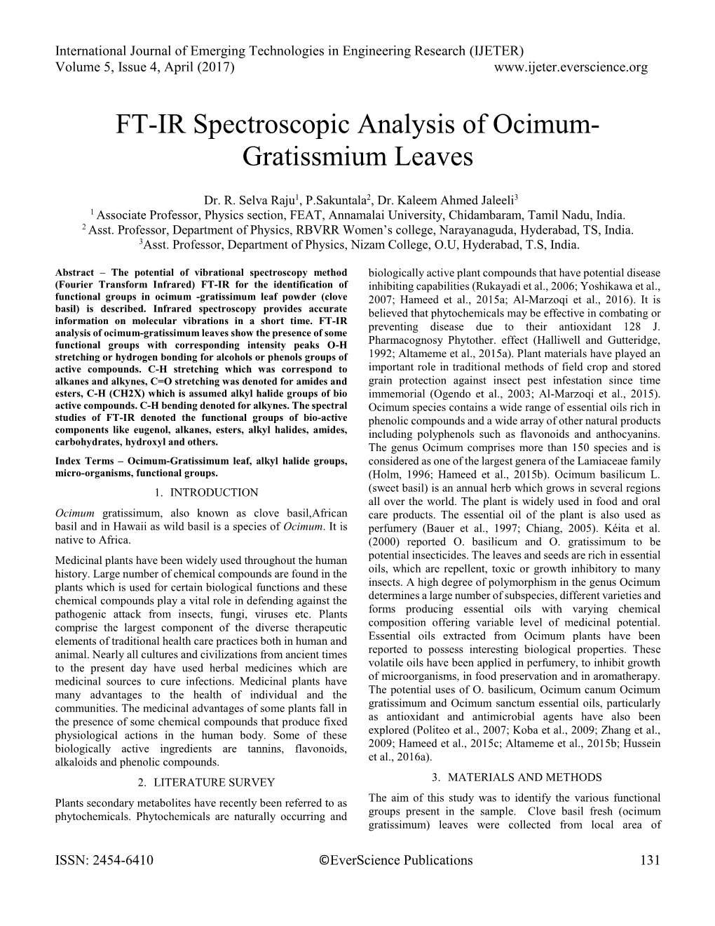 FT-IR Spectroscopic Analysis of Ocimum- Gratissmium Leaves