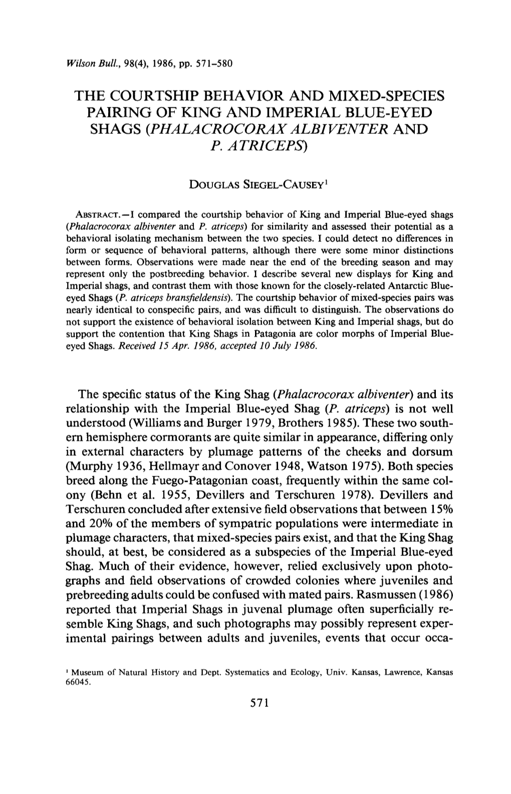 The Courtship Behavior and Mixed-Species Pairing of King and Imperial Blue-Eyed Shags (Phalacrocorax Albiventer and P